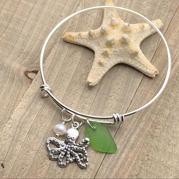 Hand Crafted Jewelry - Sea Glass And Pearl Octopus Charm Bracelet| Seaglass Beach Jewelry Gift For Her